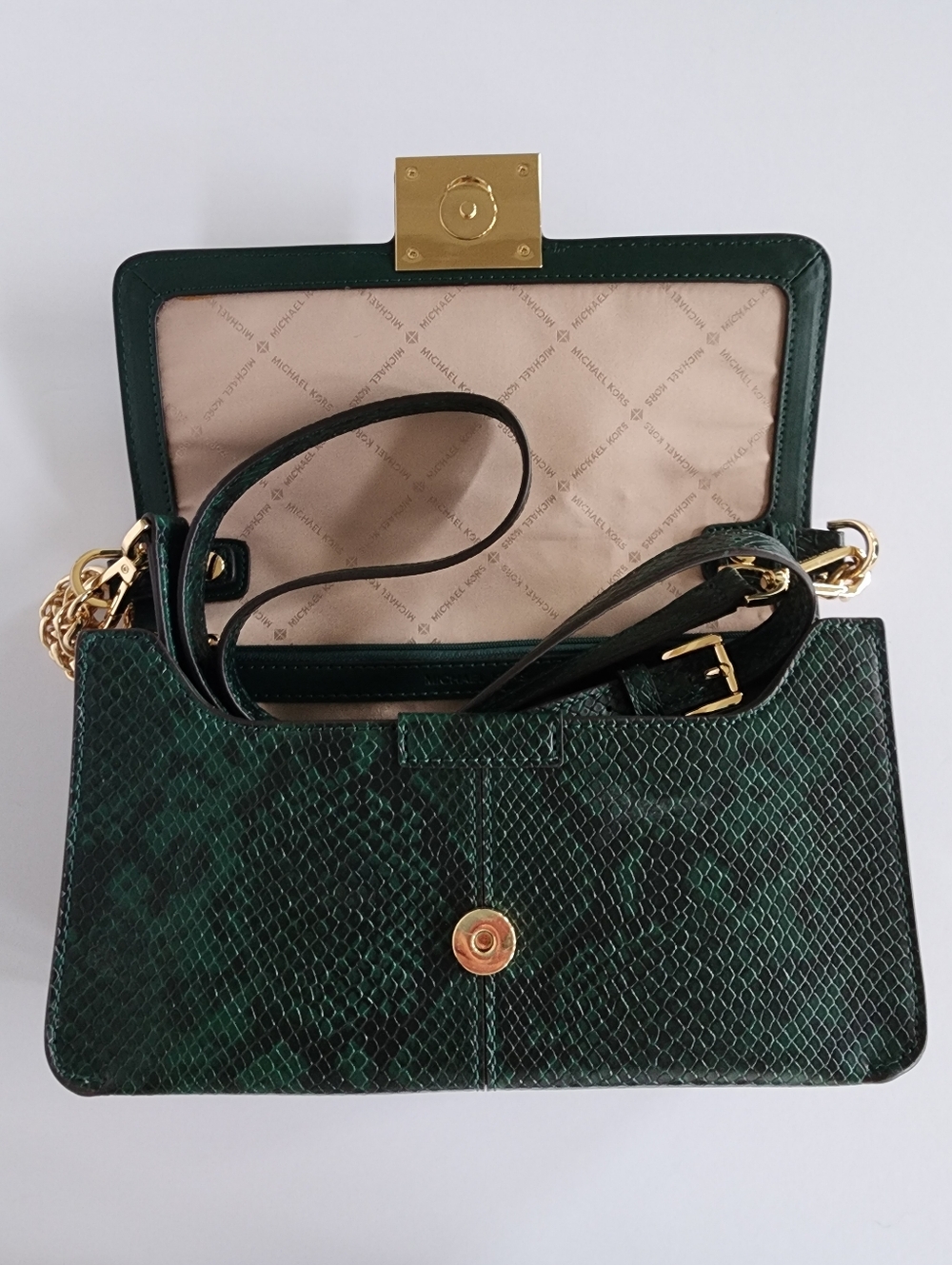 New Michael Kors Green Snake Embossed Leather Chain Crossbody Bag - Picture 7 of 10